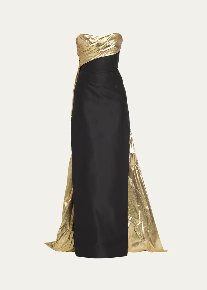 Strapless Draped Metallic Lame Train Gown