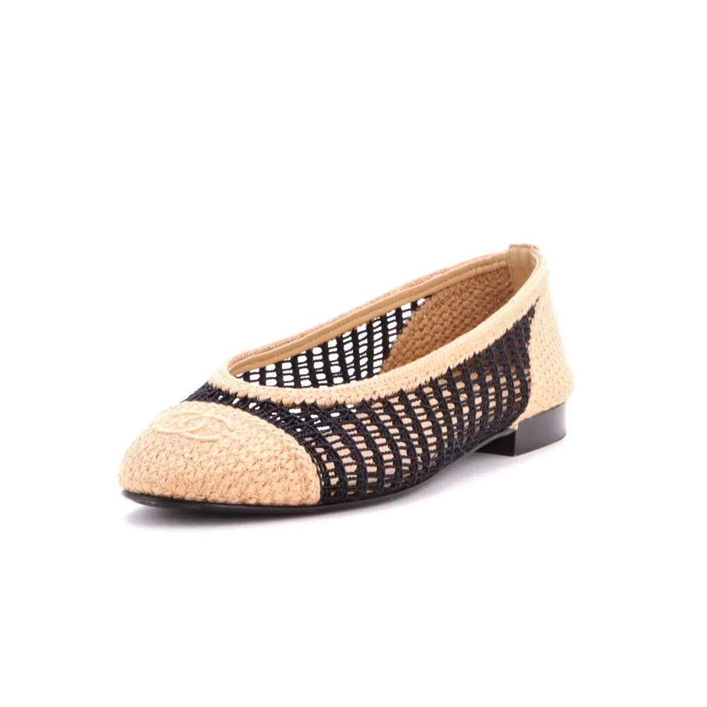 Pre-Owned CC Cap Toe Ballerina Flats Crochet Raffia