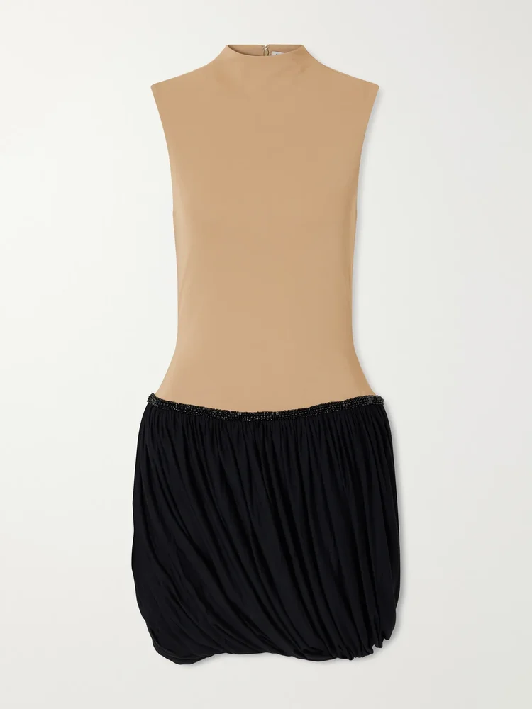 Draped bead-embellished two-tone jersey mini dress