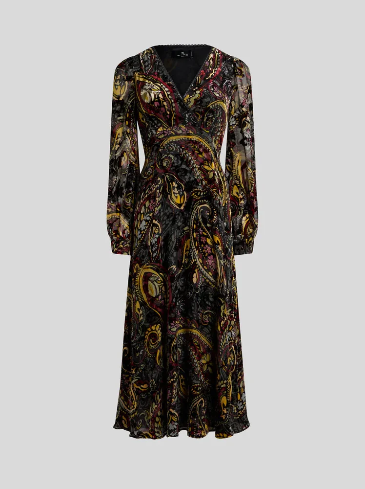 Midi wrap dress in burnout velvet with floral paisley motif