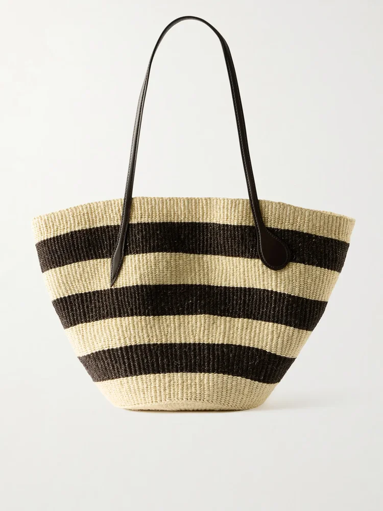 Leather-trimmed striped sisal tote - cream - One Size
