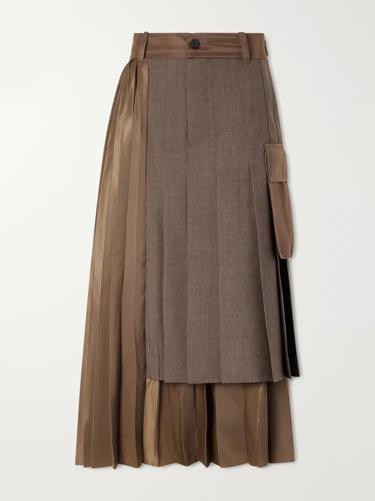 Pleated twill and shell midi skirt