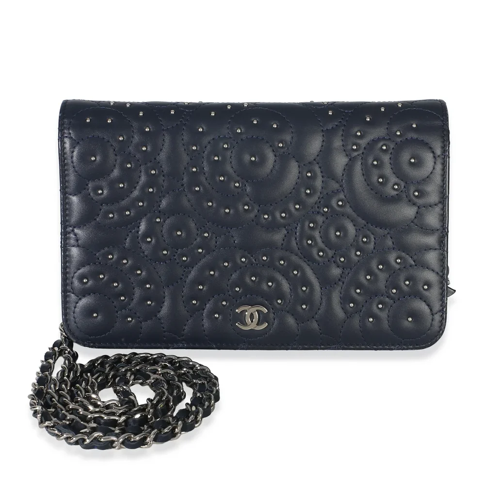 Chanel Blue Lambskin Camellia Studded Wallet on Chain