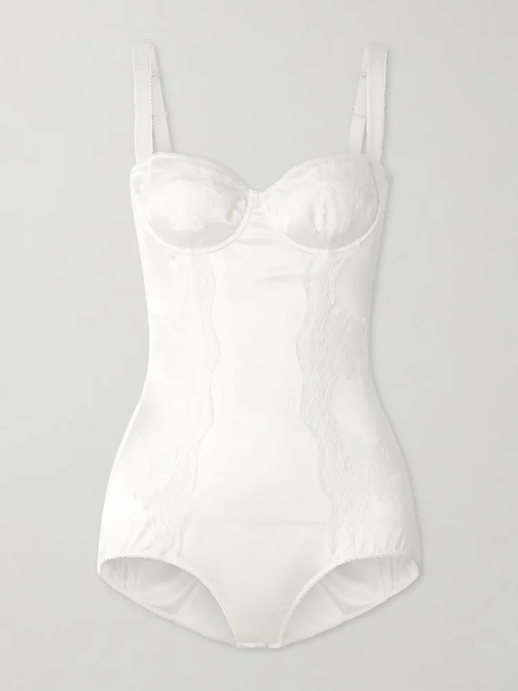 Lace-trimmed silk-blend satin bodysuit