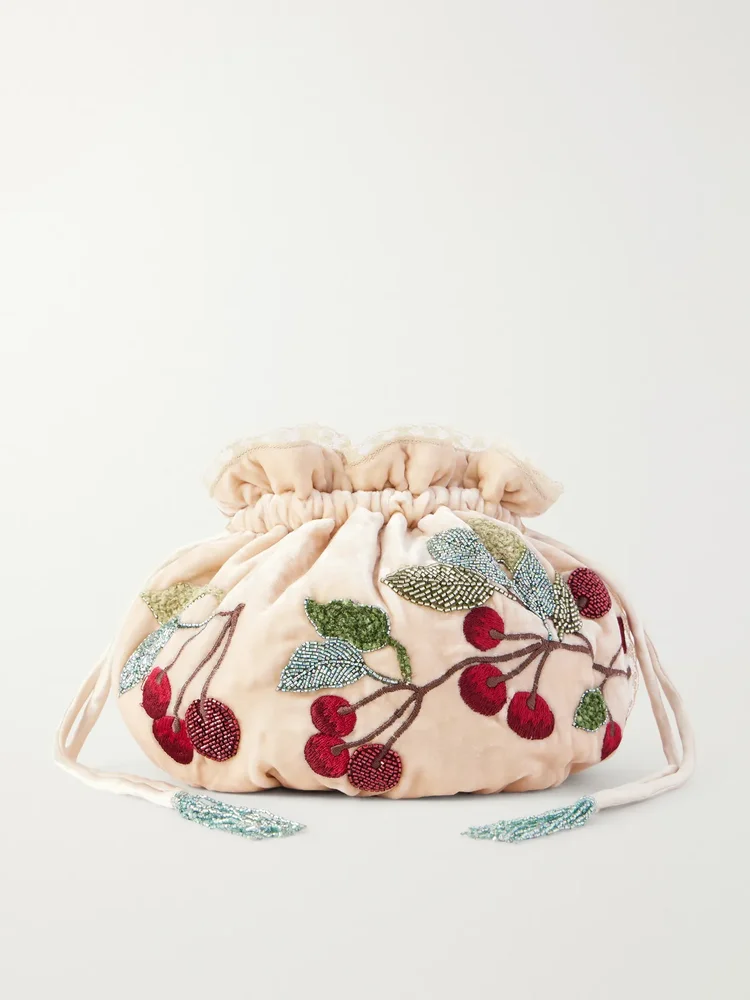 Round Bag bead-embellished embroidered lace-trimmed velvet clutch