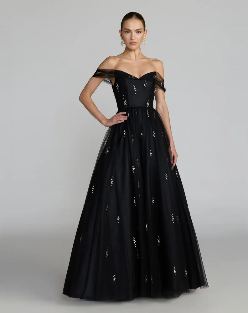 macduggal.com Black Pearl Embellished Off The Shoulder Ball Gown