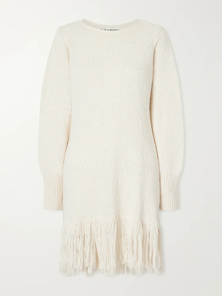 Renny fringe-detailed open-knit cotton mini dress