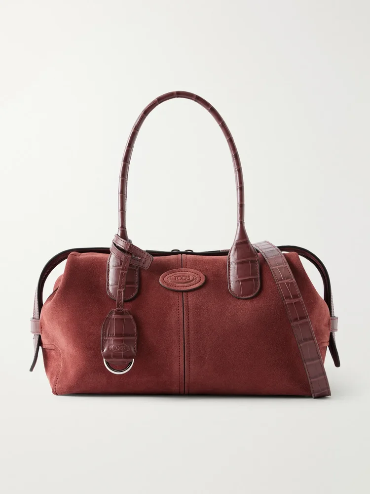 Bauletto mini croc-effect leather-trimmed suede top-handle bag
