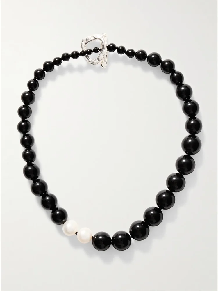 Recycled silver, onyx and pearl necklace