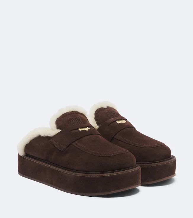 Shearling-lined suede platform mules
