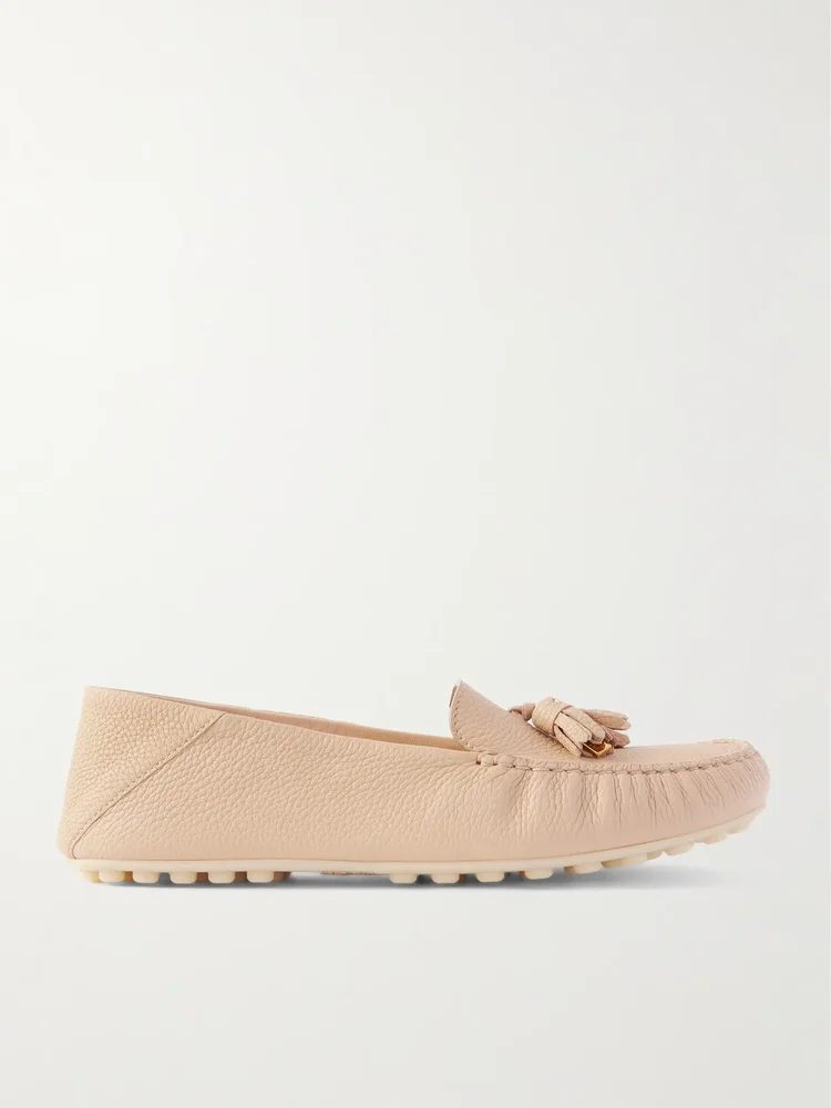 Tasseled textured-leather collapsible-heel loafers