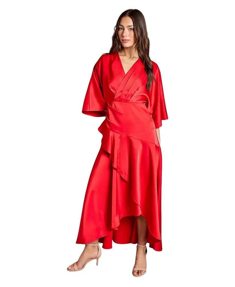 Satin Back Crepe Ruffle Wrap Midi Dress