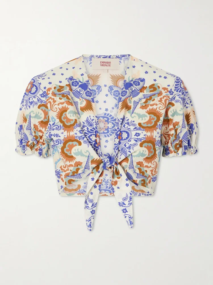 Poppy knotted printed cotton-poplin cropped top