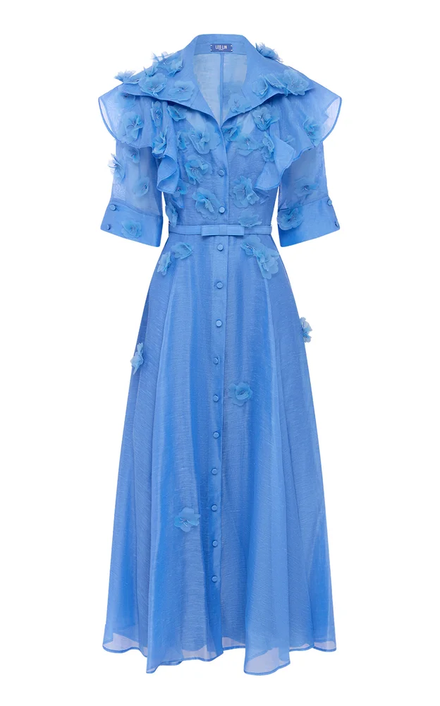 Anya Petal-Embellished Linen-Silk Button-Up Midi Dress