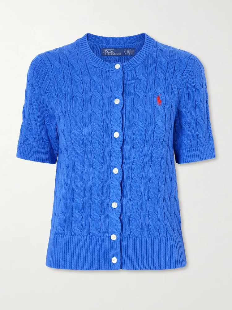 Logo-embroidered cable-knit cotton cardigan