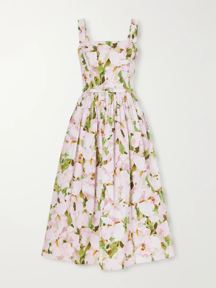 Belted pleated floral-print cotton-blend poplin midi dress