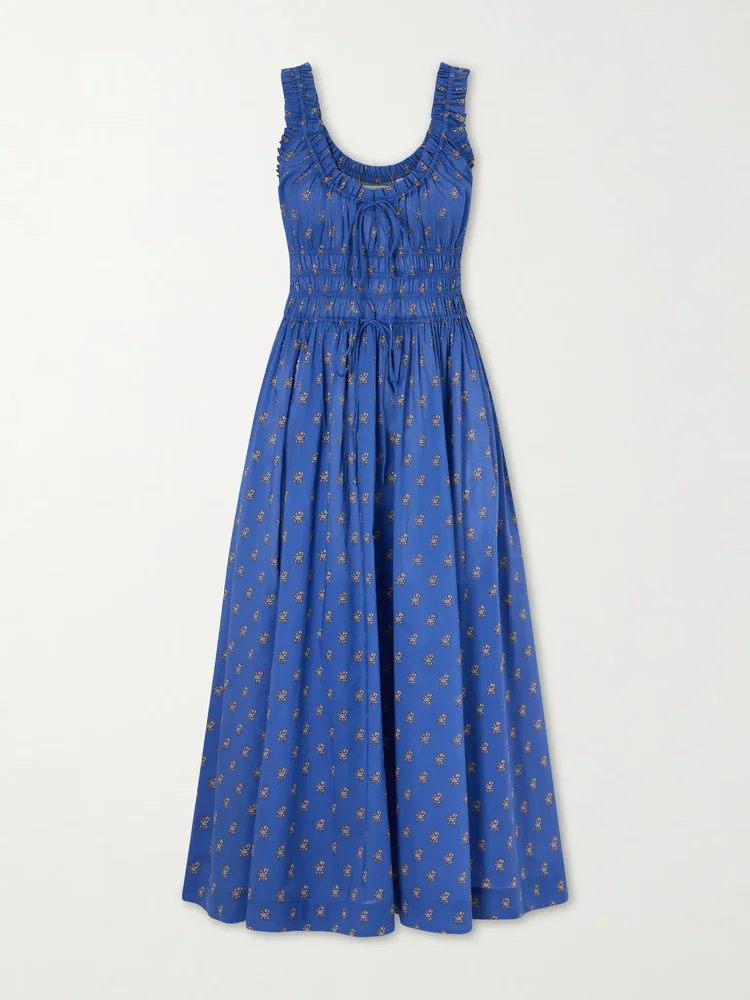 Emmaretta shirred floral-print cotton midi dress