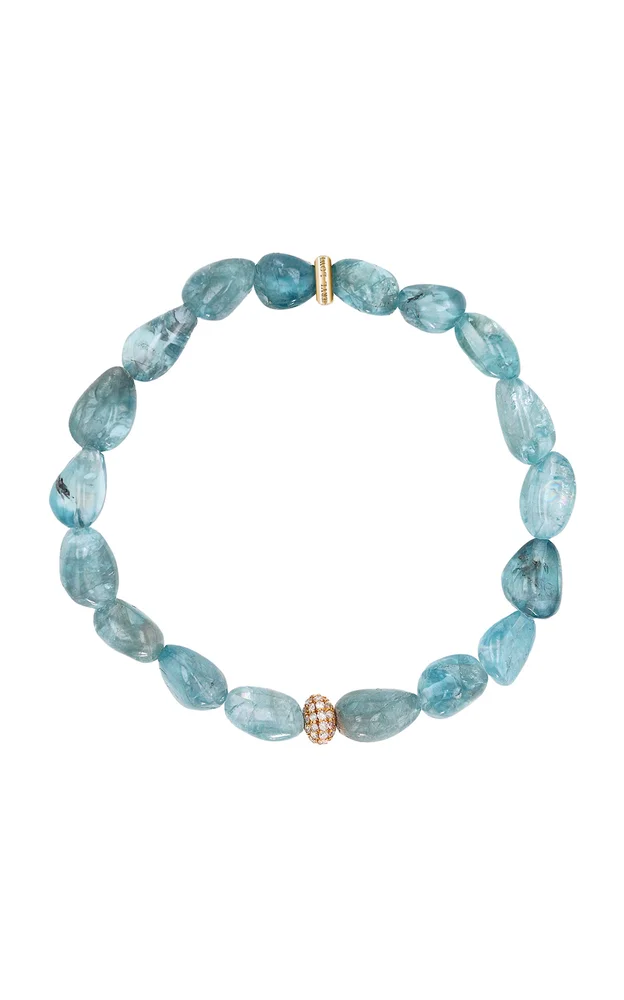 14K Yellow Gold Blue Zircon Nugget Diamond Beaded Bracelet