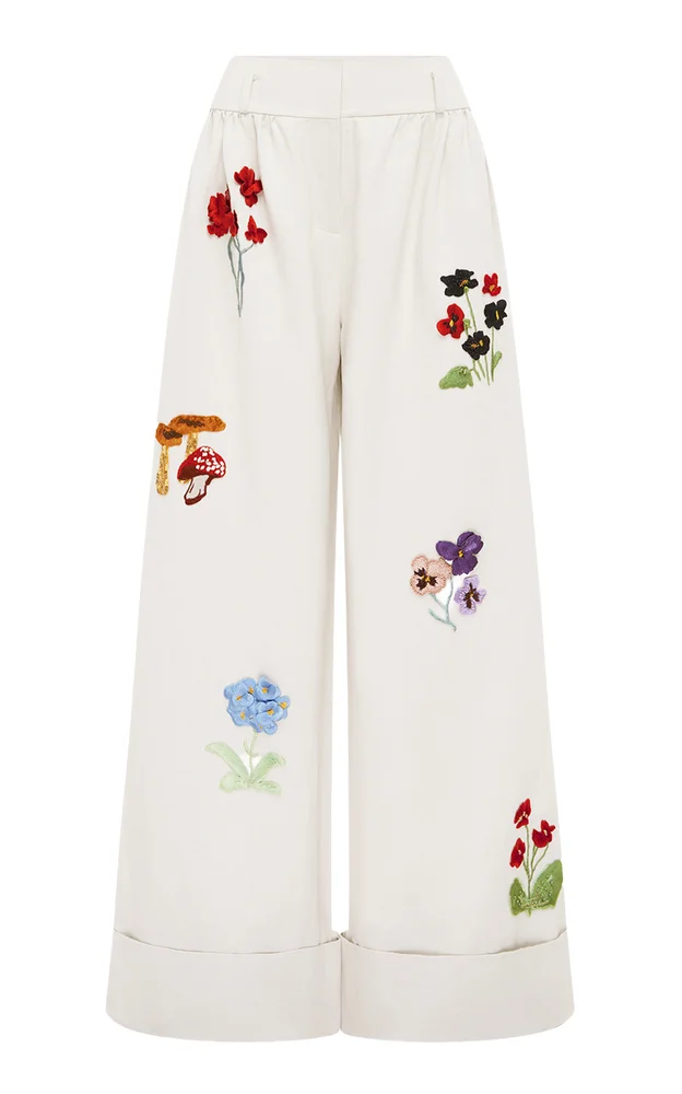 Nico Embroidered Cotton-Linen Wide-Leg Pants