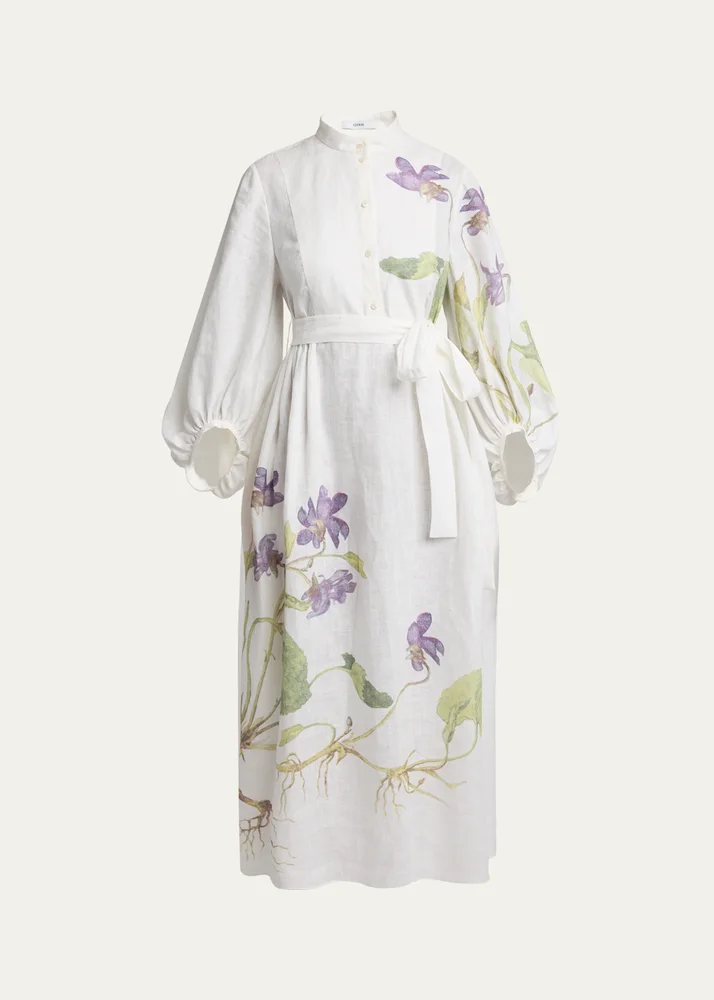Floral Self-Tie Linen Dress