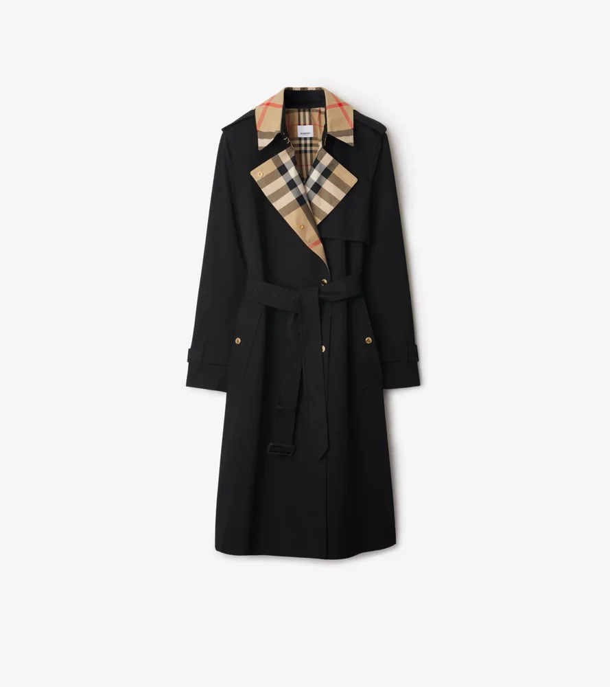 Long Check Collar Gabardine Trench Coat in Black