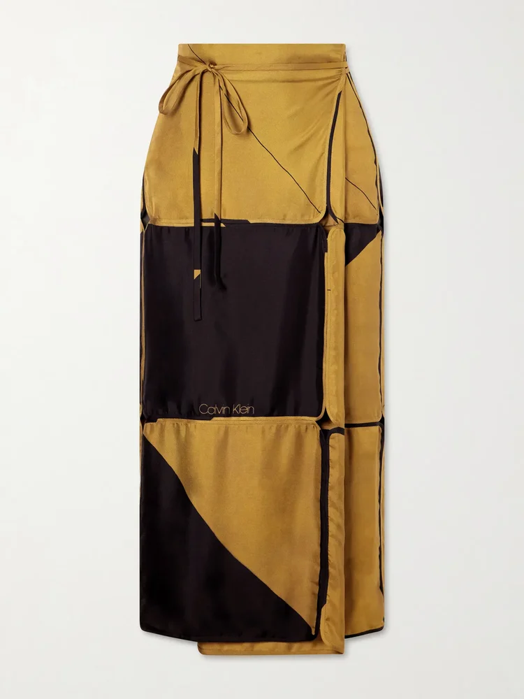 Hallie patchwork silk-twill wrap midi skirt
