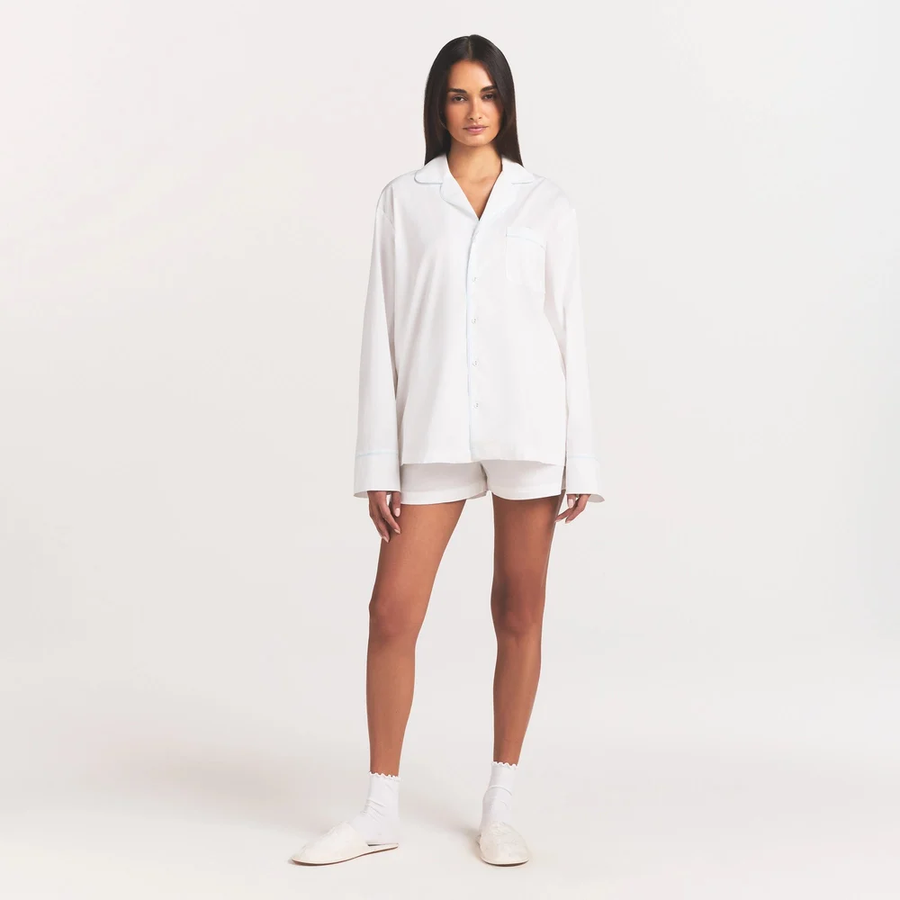 Cotton Poplin Sleep Long Sleeve And Boxer Set in Snow Contrast