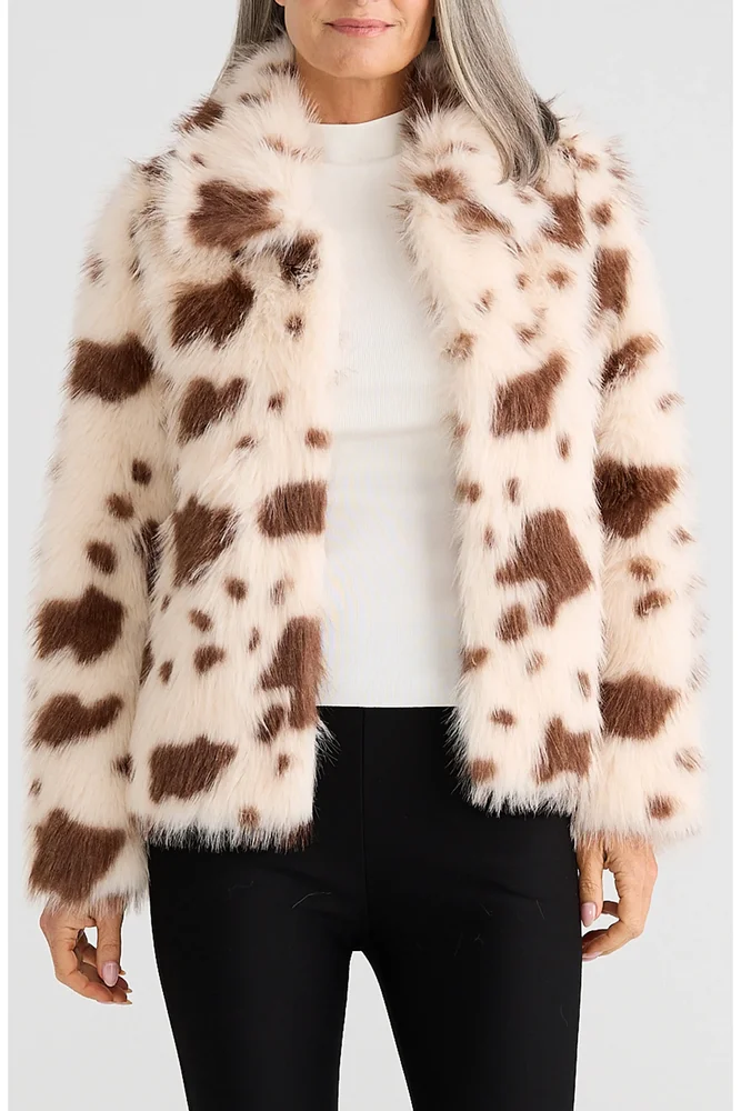 Steinway Cow Print Faux Fur Jacket