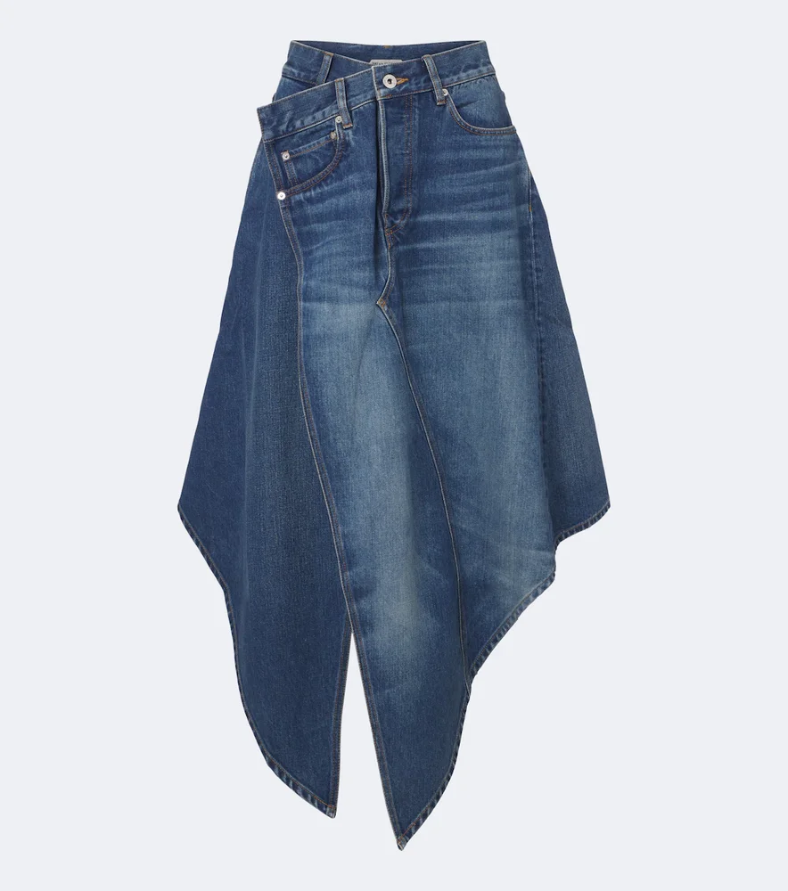 Asymmetric draped denim midi skirt