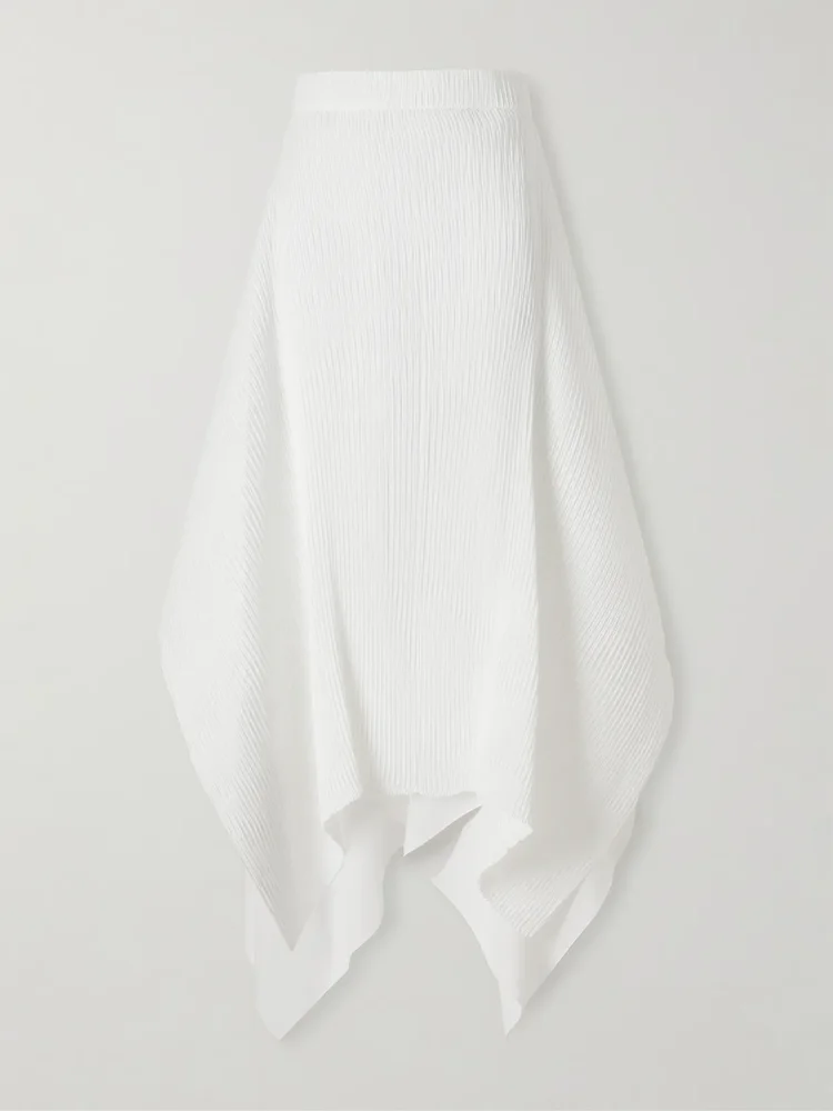 Asymmetric plissè-crepe midi skirt