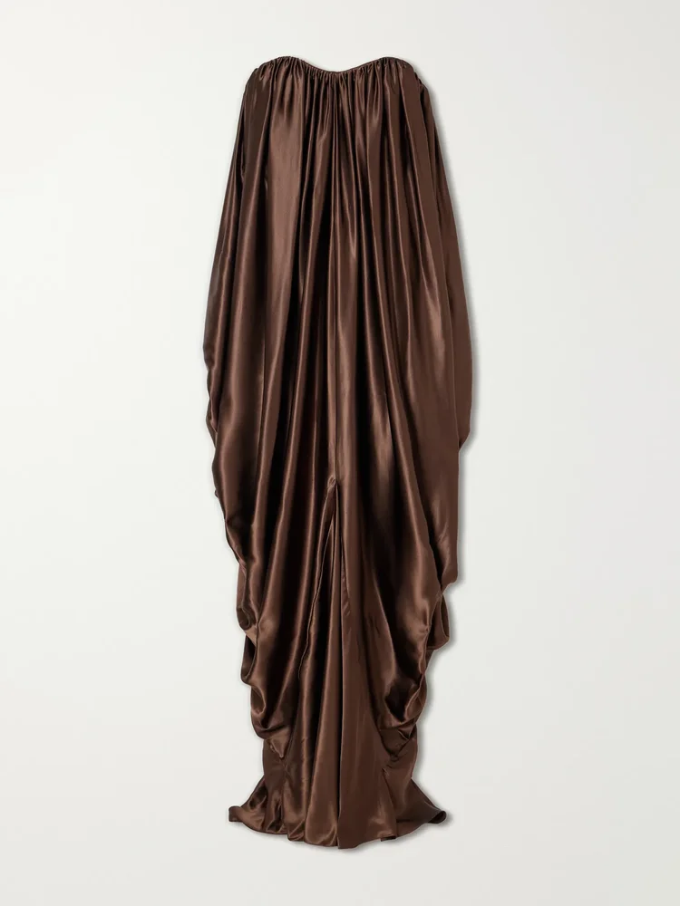 Draped strapless satin gown