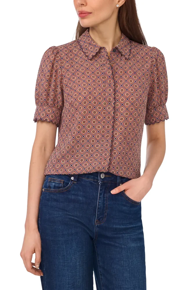 Print Scallop Puff Sleeve Shirt