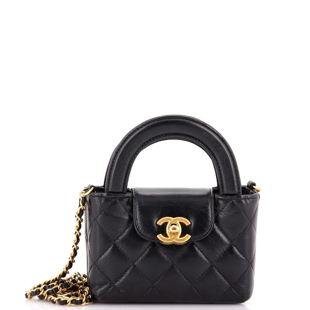 chanel Kelly Top Handle Shopping Bag Quilted Shiny Aged Calfskin Nano