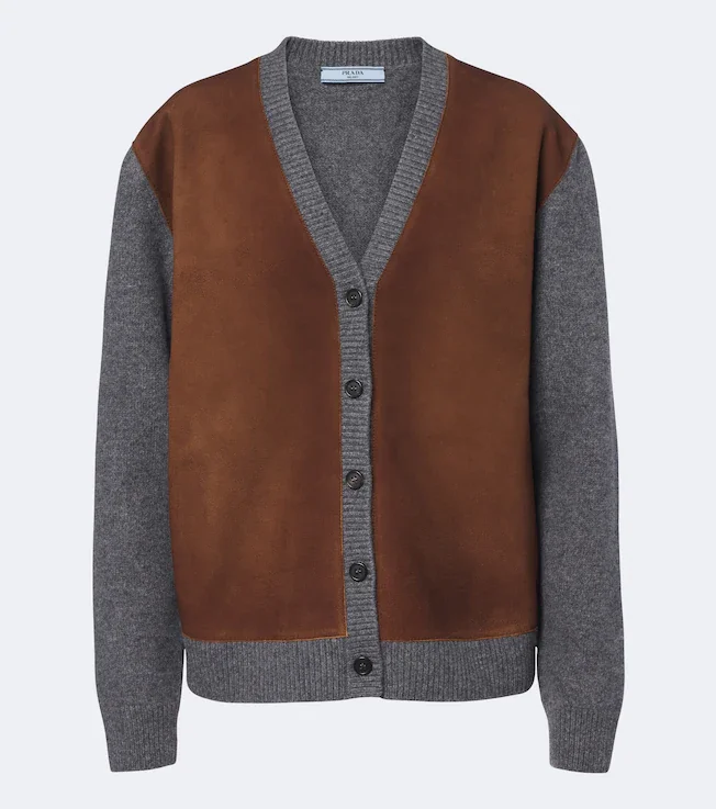 Suede-trimmed virgin wool cardigan