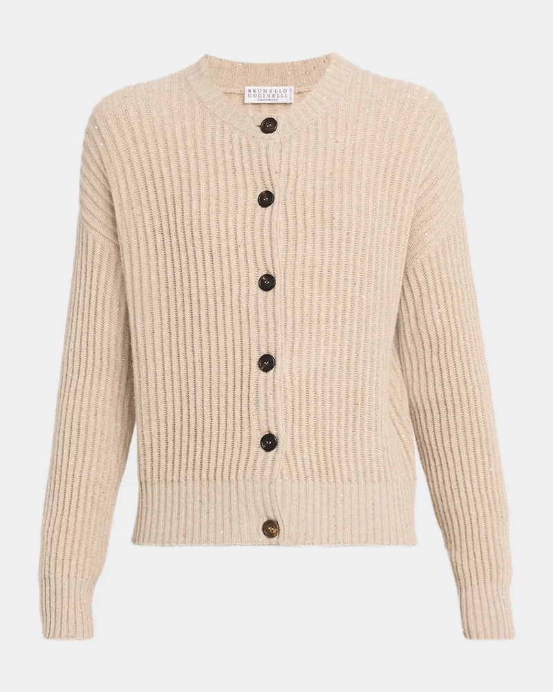 Shimmering Cashmere-Wool English Rib Crewneck Cardigan
