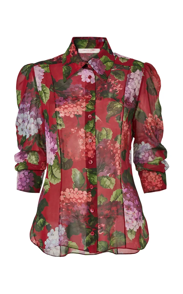 Collared Hydrangea-Printed Chiffon Top