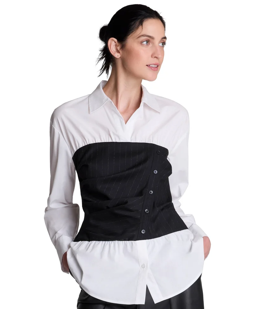 Poplin Long Sleeve Shirt with Pinstripe Bustier