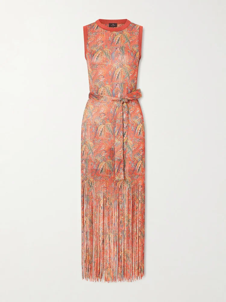 Belted fringed jacquard-knit midi dress