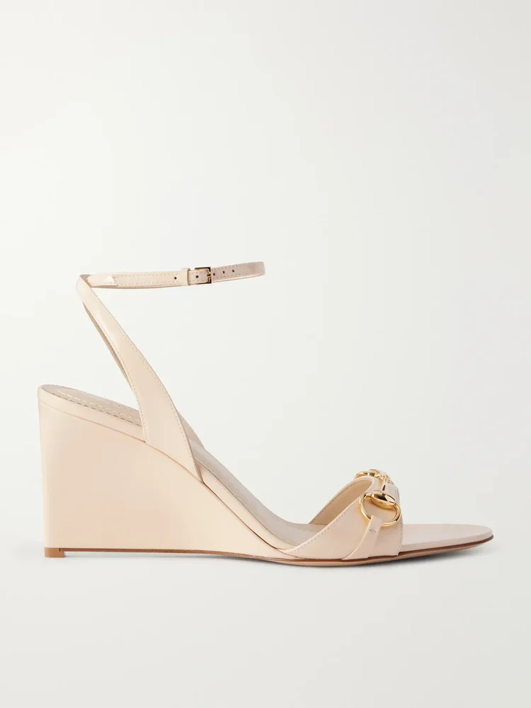 donna 80 horsebit embellished patent leather wedge sandals