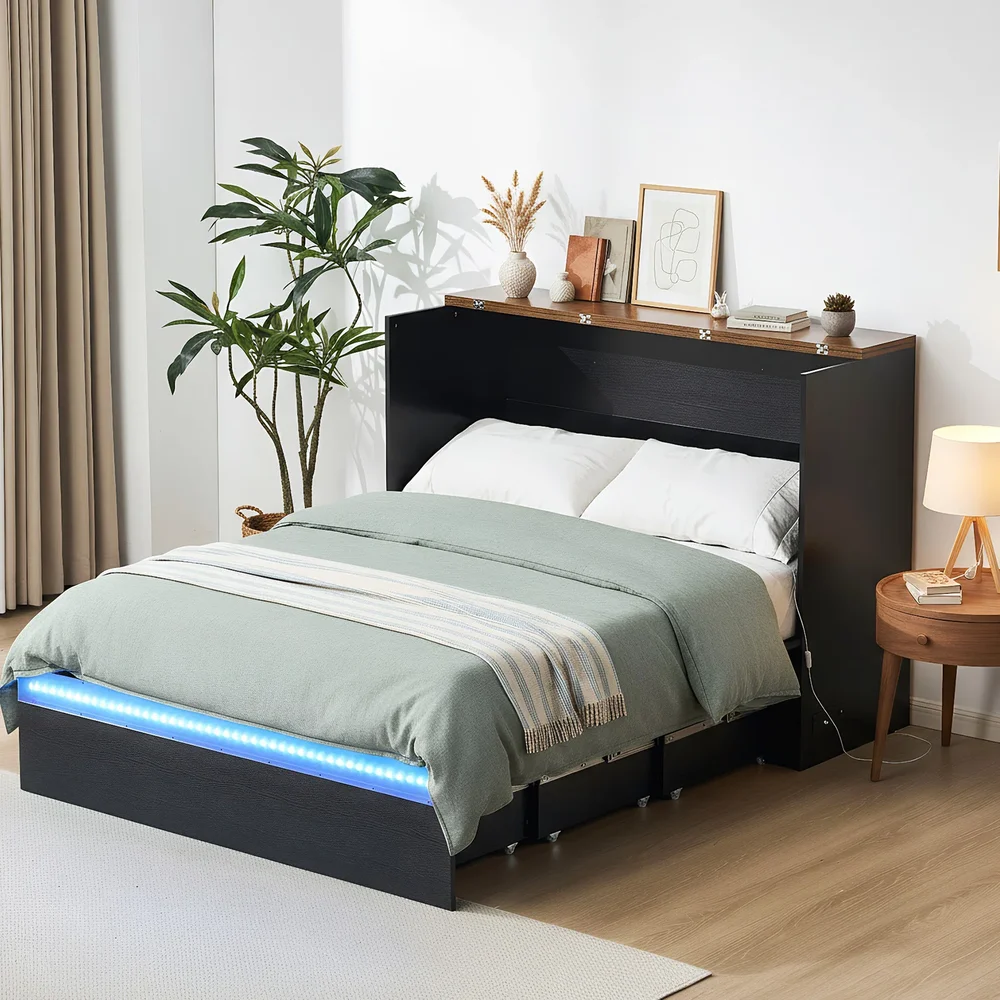 Murphy Bed with Storage Drawer, Smart LED Lighting and Charging Station