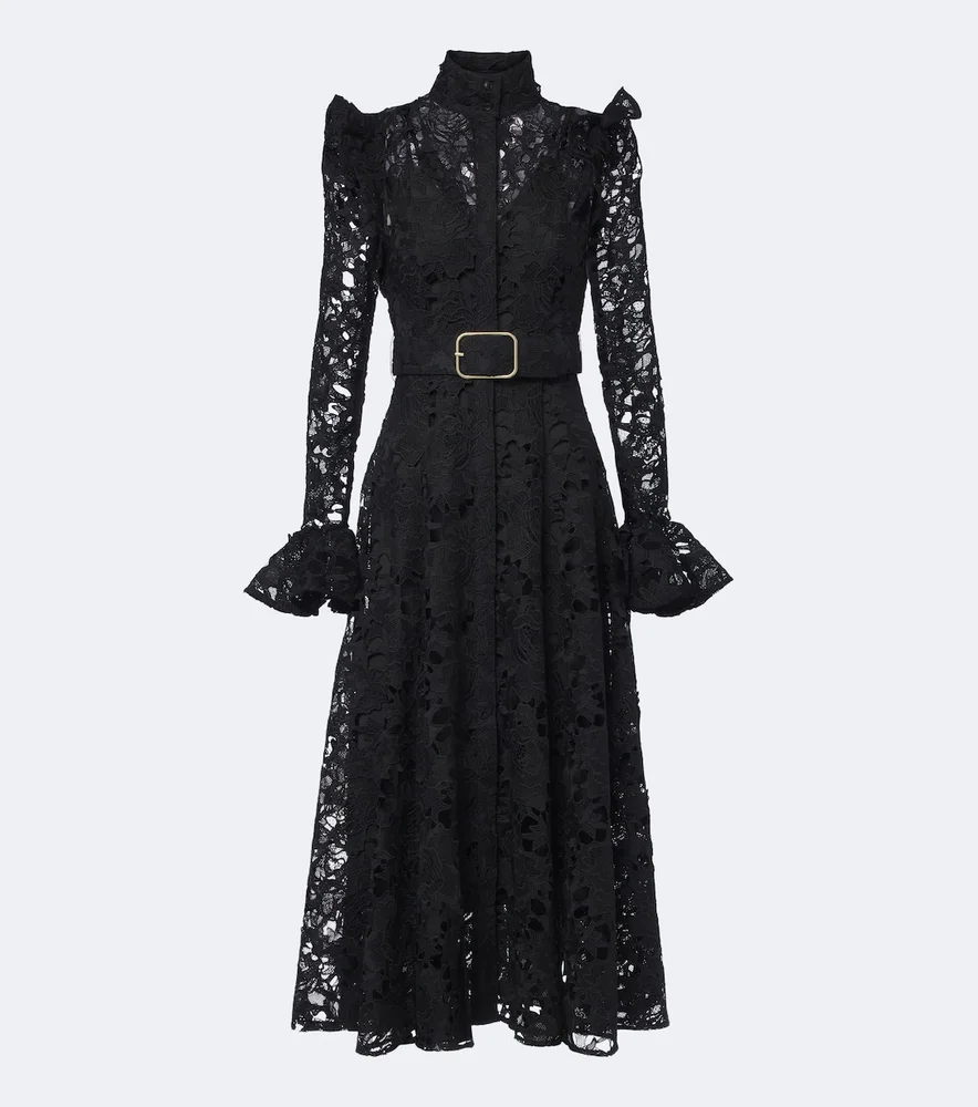 Aliyah belted guipure lace midi dress