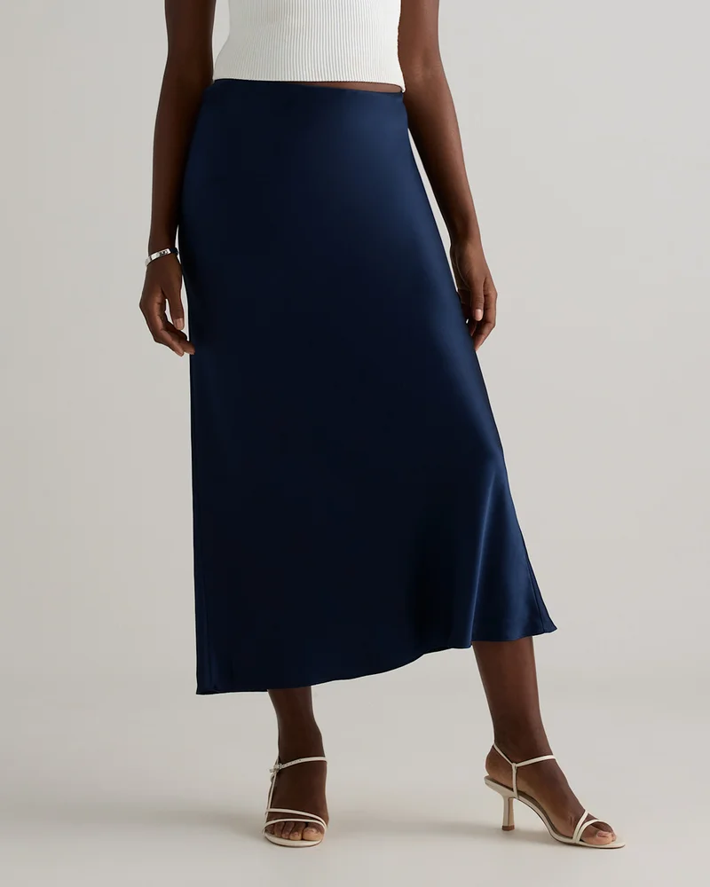 100% Washable Silk Maxi Skirt in Navy