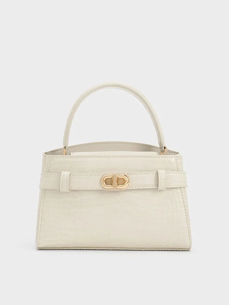 Aubrielle Croc-Effect Belted Top Handle Bag, Ivory