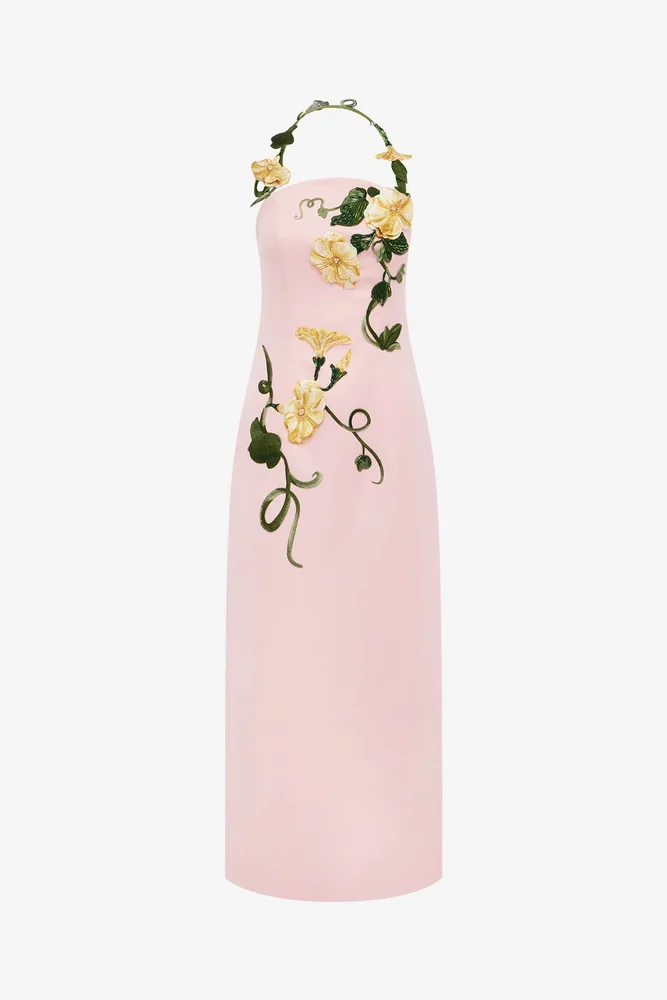 LEO LIN Ava Halterneck Appliqué Floral Bustier Maxi Dress - Vine Print in Pink