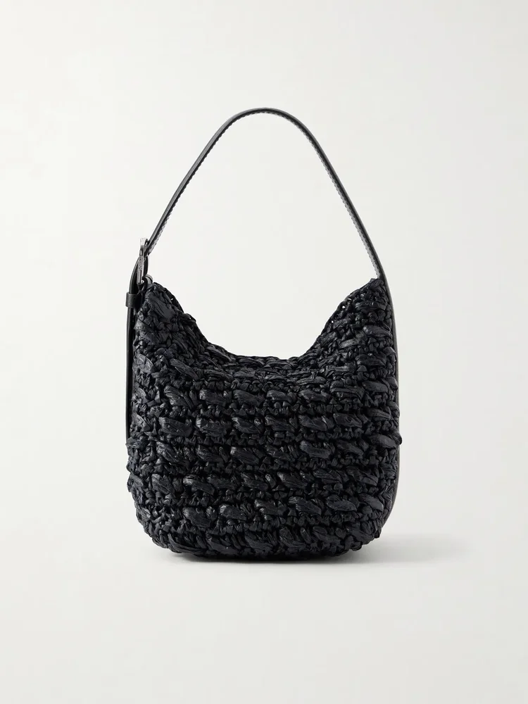 Belted small leather-trimmed raffia shoulder bag