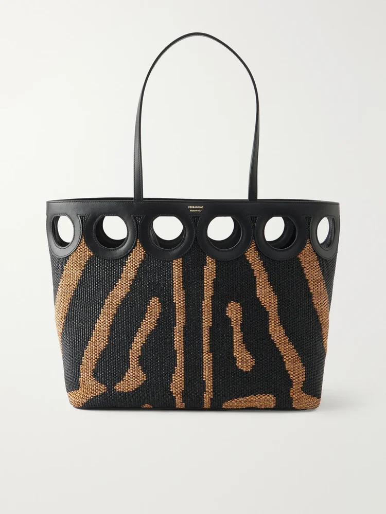Leather-trimmed raffia tote