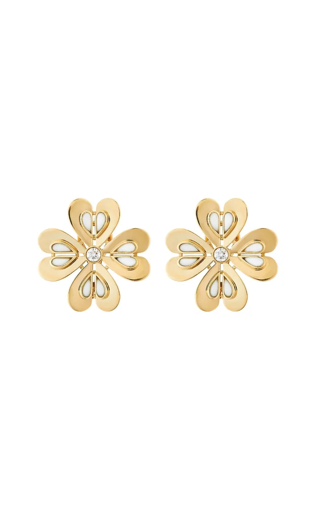 18K Yellow Gold White Agate Clover Stud Earrings