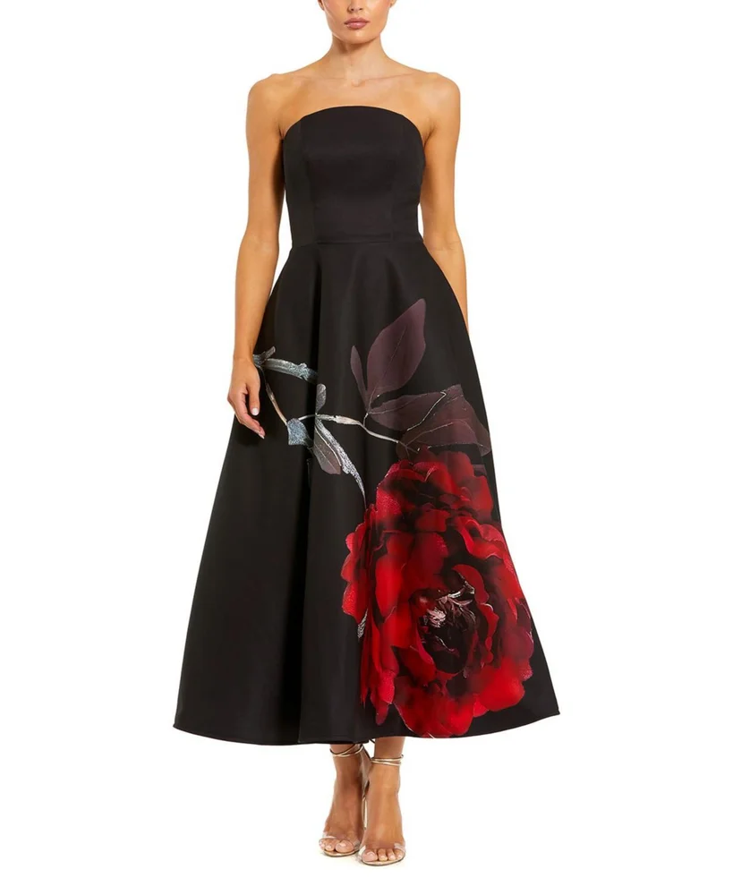 Crepe Printed Strapless Midi Dress With Pockets