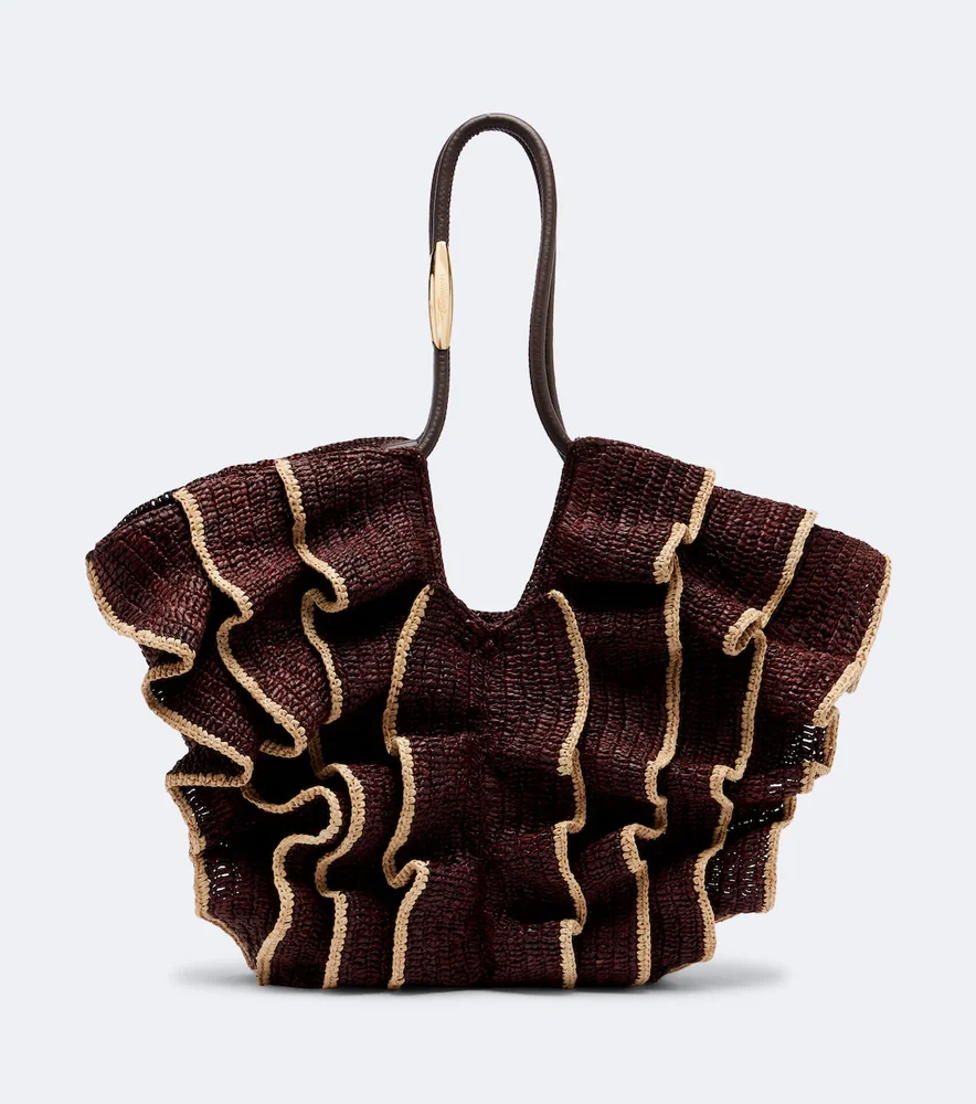 Goldentime Medium ruffled raffia tote bag