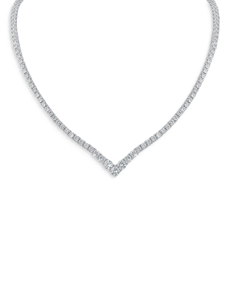 Cubic Zirconia V Tennis Statement Necklace in Rhodium Plated, 17"